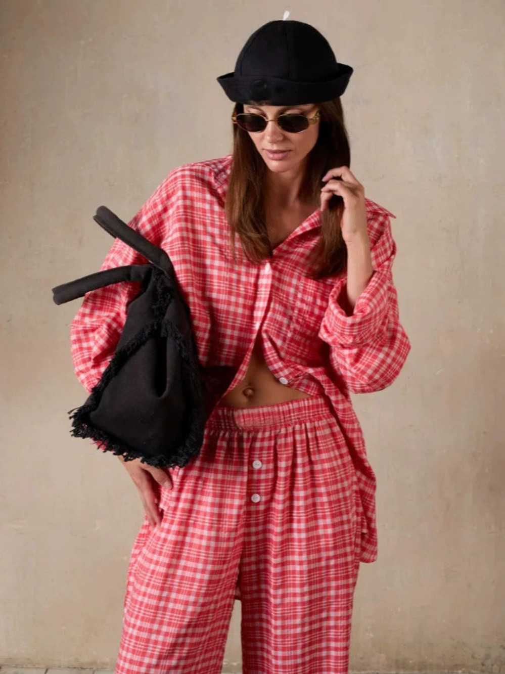 Zara Relaxed Plaid Long Sleeve Shirt and Pants Loungewear Set